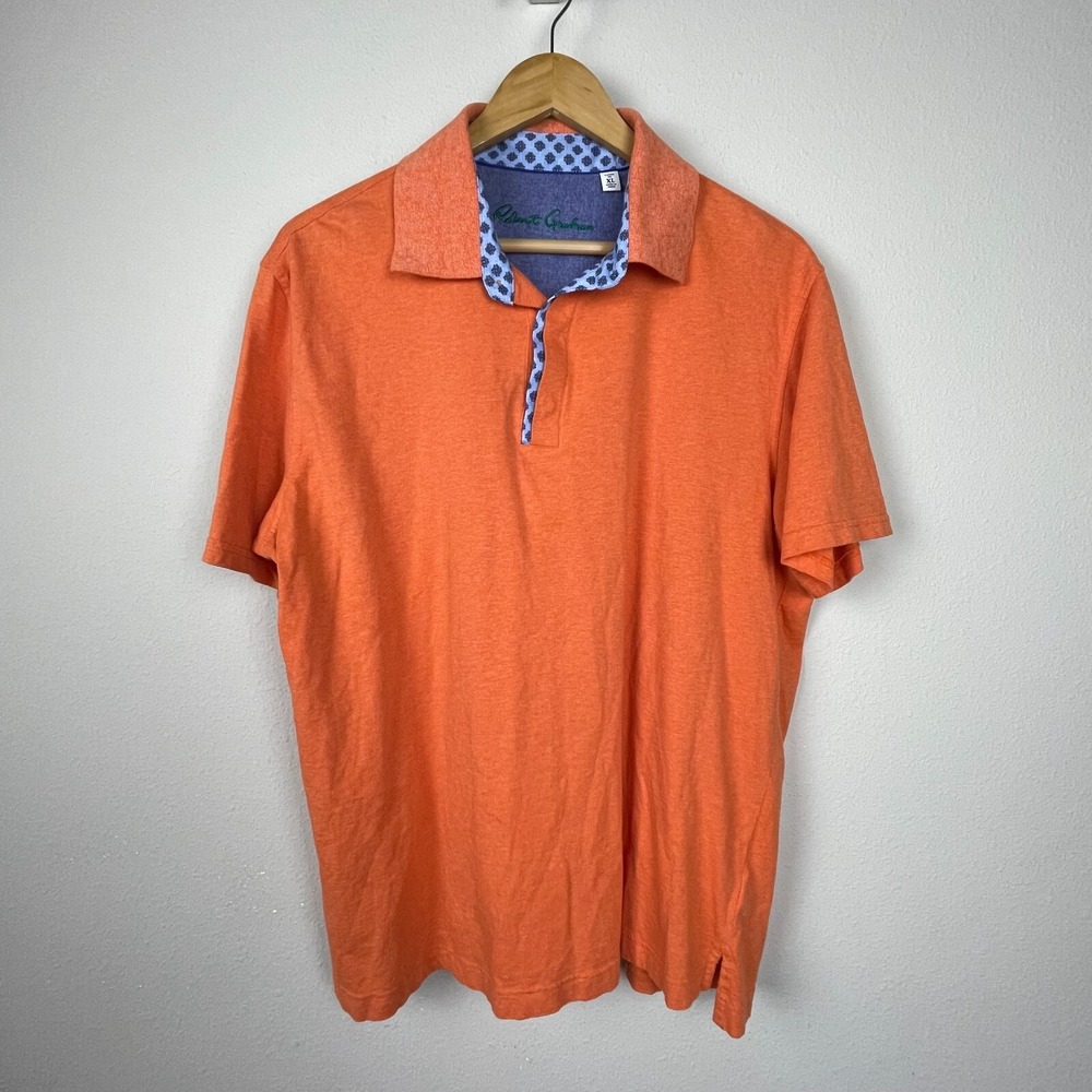 Robert Graham Men's Polo Shirt XL – Orange Cotton Blue Trim Preppy Classic Fit